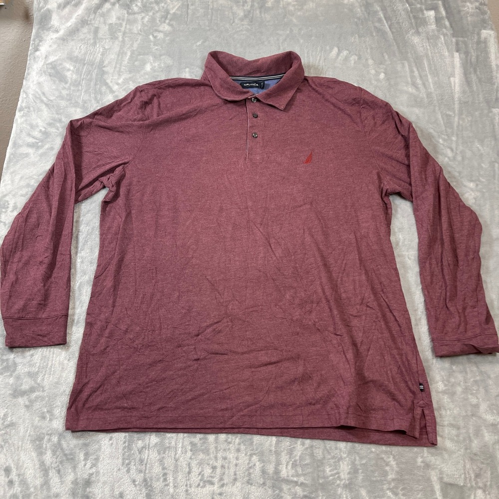 Nautica Mens XXL Long Sleeve Polo Shirt Burgundy Heather Red Jersey Logo Knit